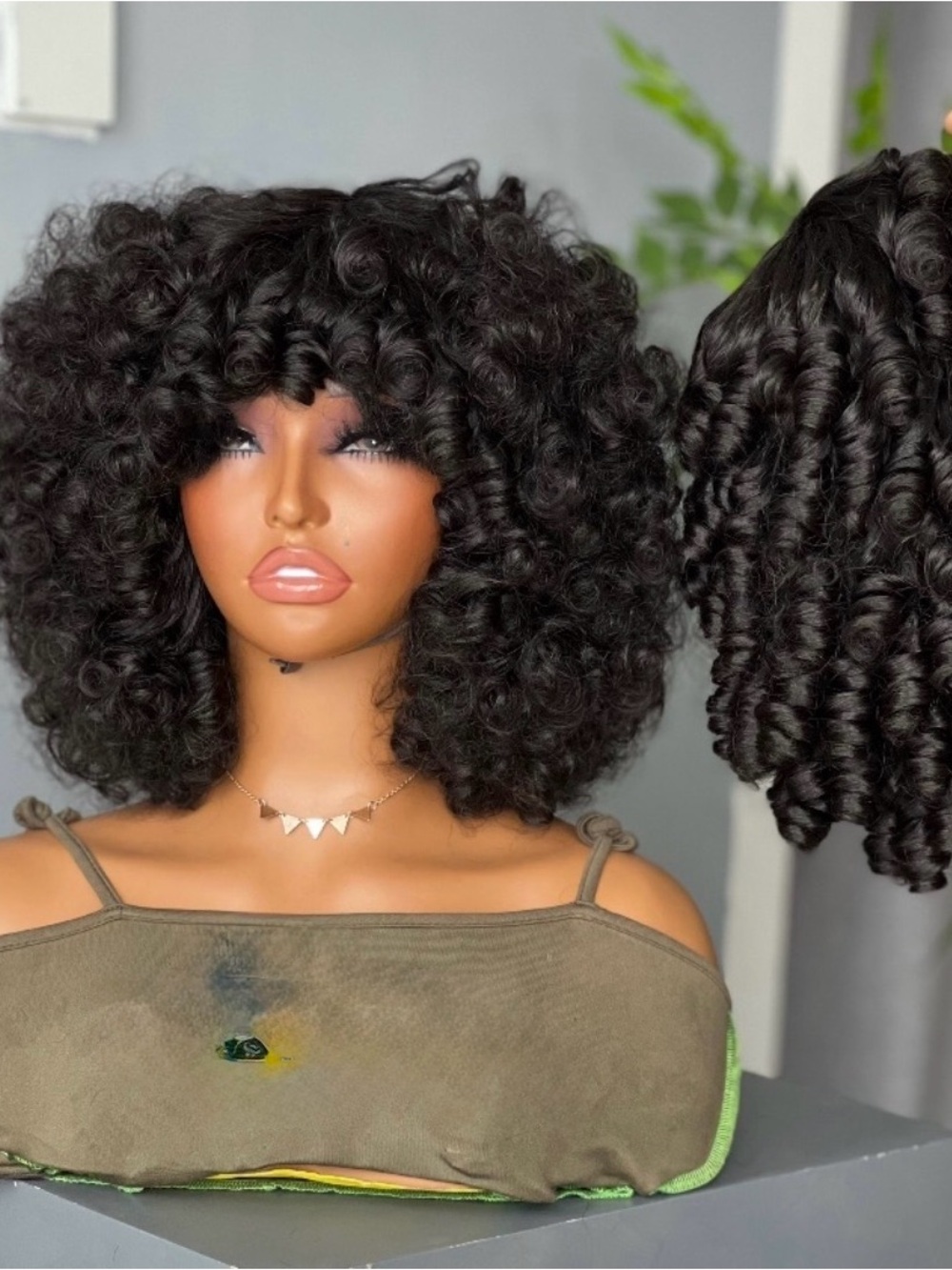 Black Curly Afro Wig with Bangs - Natural Volume Women Hair